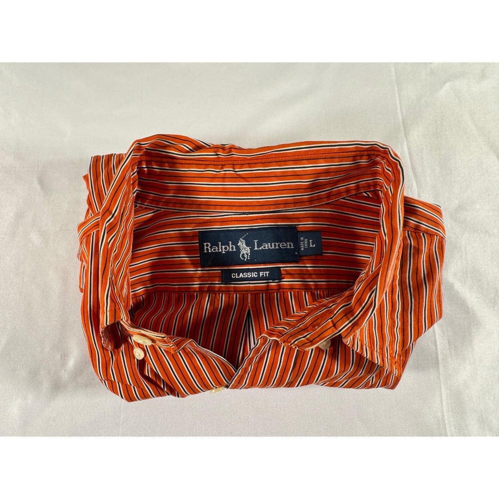 Ralph Lauren Mens Classic Fit Striped Button Down Shirt Orange Blue Large
